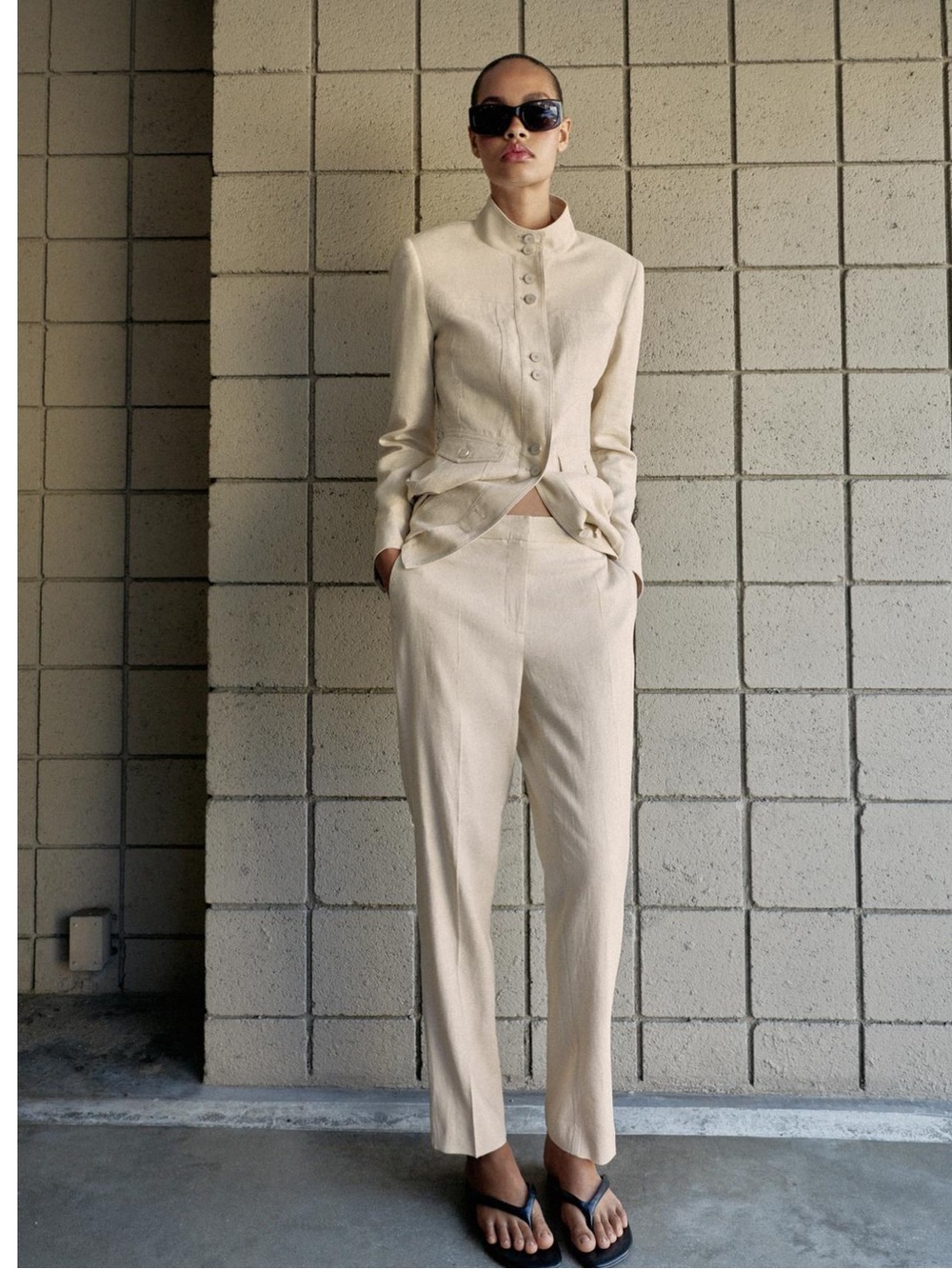 Zara SLIM FIT Cream Straight-Leg Linen Blend Trousers